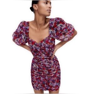 NWT ZARA RUCHED FLORAL PUFF SLEEVE DRESS